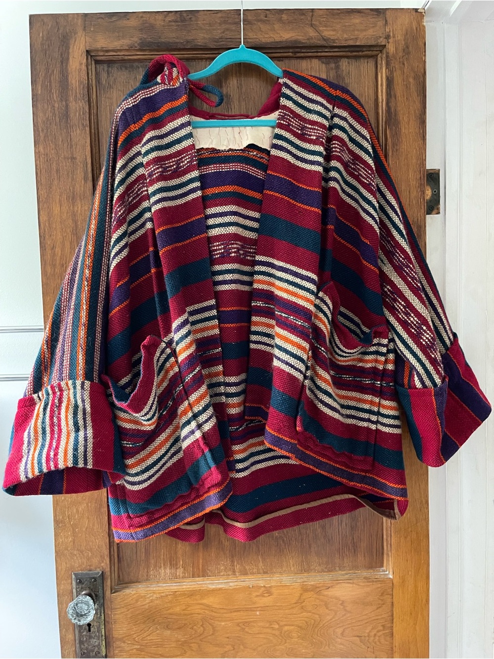Striped Open-Front Women’s Sweater Jacket in Burgundy and Teal